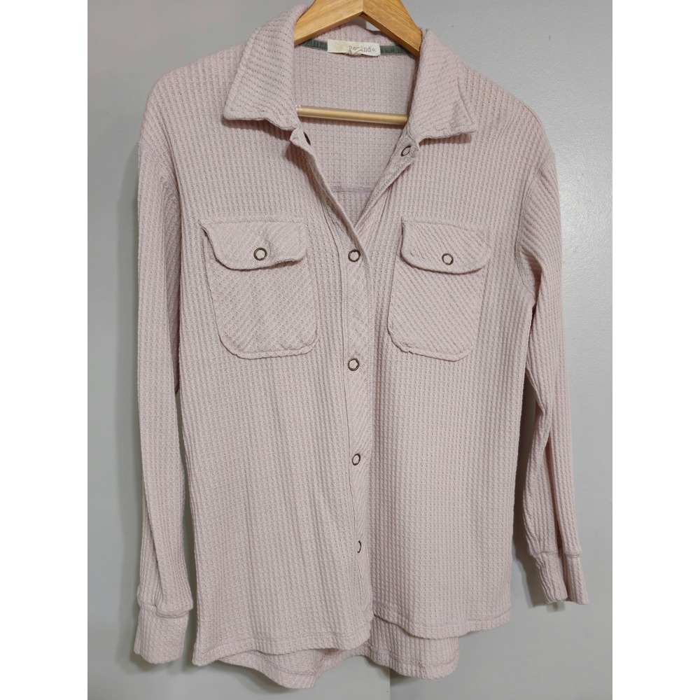 Rewind Womens Waffle Knit Snap Front Shacket Shirt Dusty Pink Small